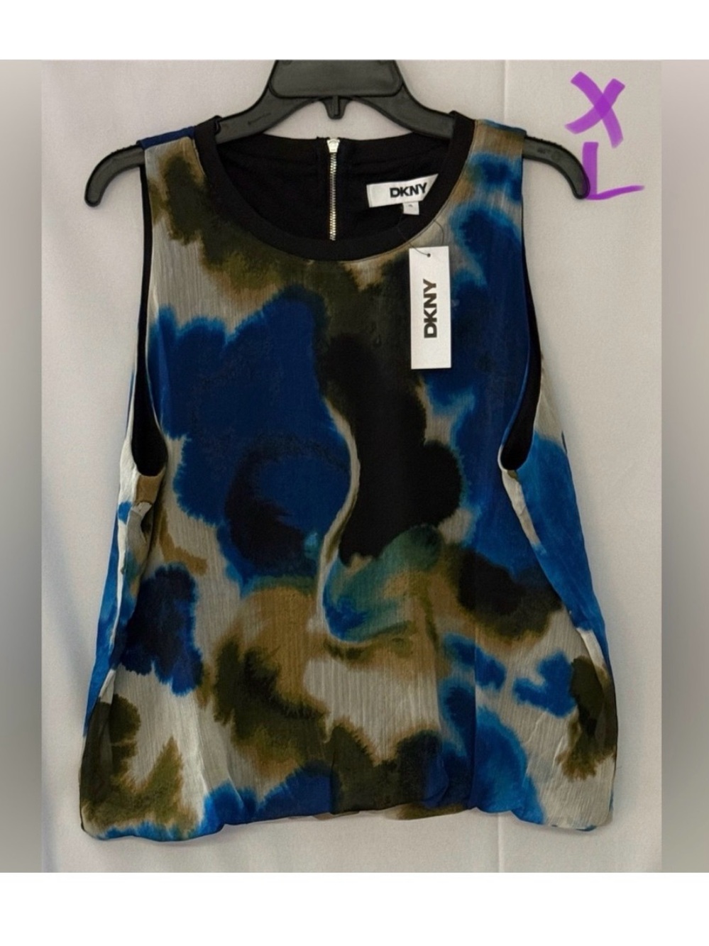 DKNY Women's Blue and Olive Patterned Tank Top